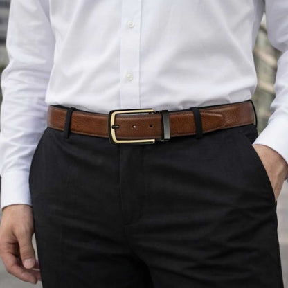 Mens 100% Genuine Leather Belt - NOIRLUXE Pebble Grain (Brown & Black Reversible) — Leather Belts for Men | THE MEN THING