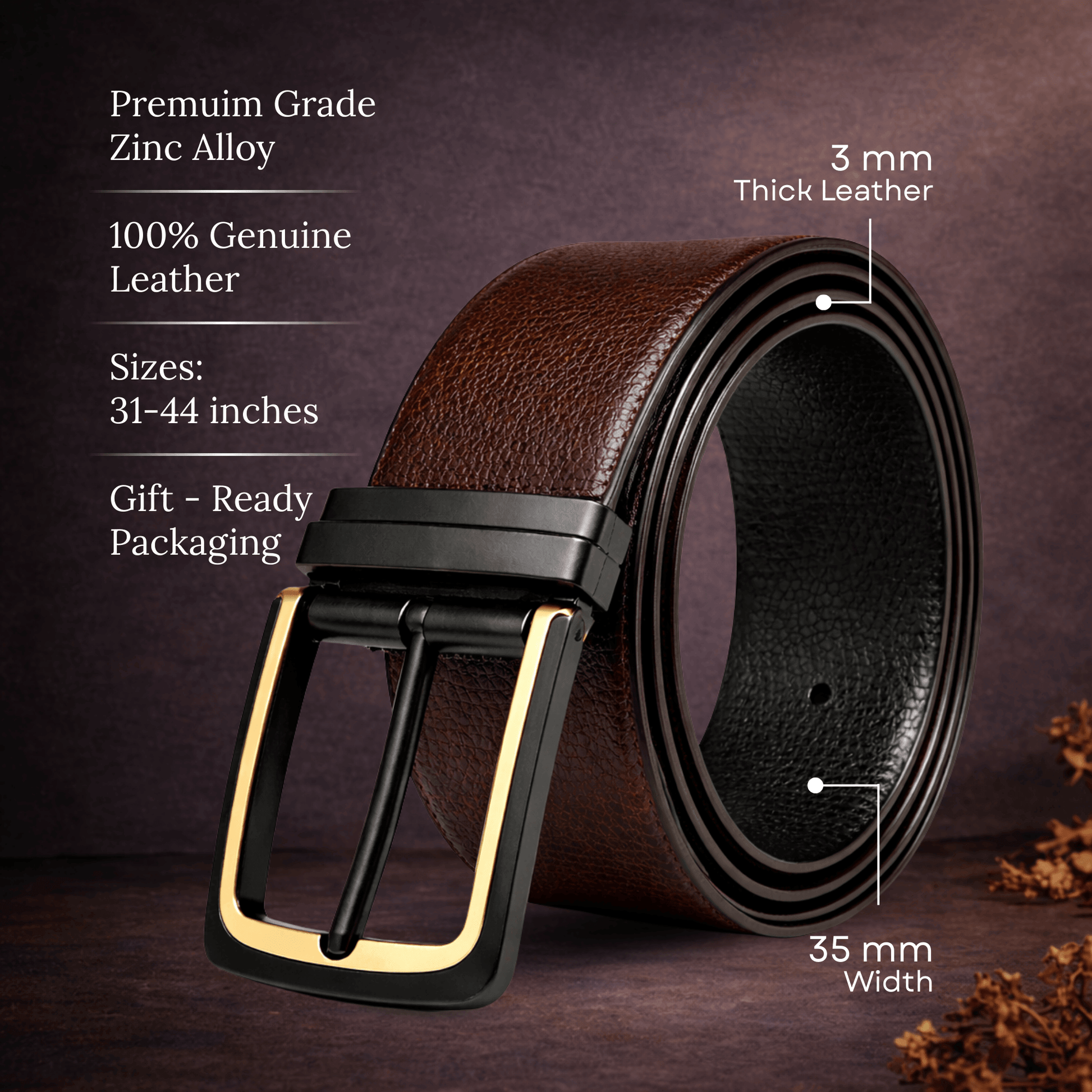 Mens 100% Genuine Leather Belt - NOIRLUXE Pebble Grain (Brown & Black Reversible) — Leather Belts for Men | THE MEN THING