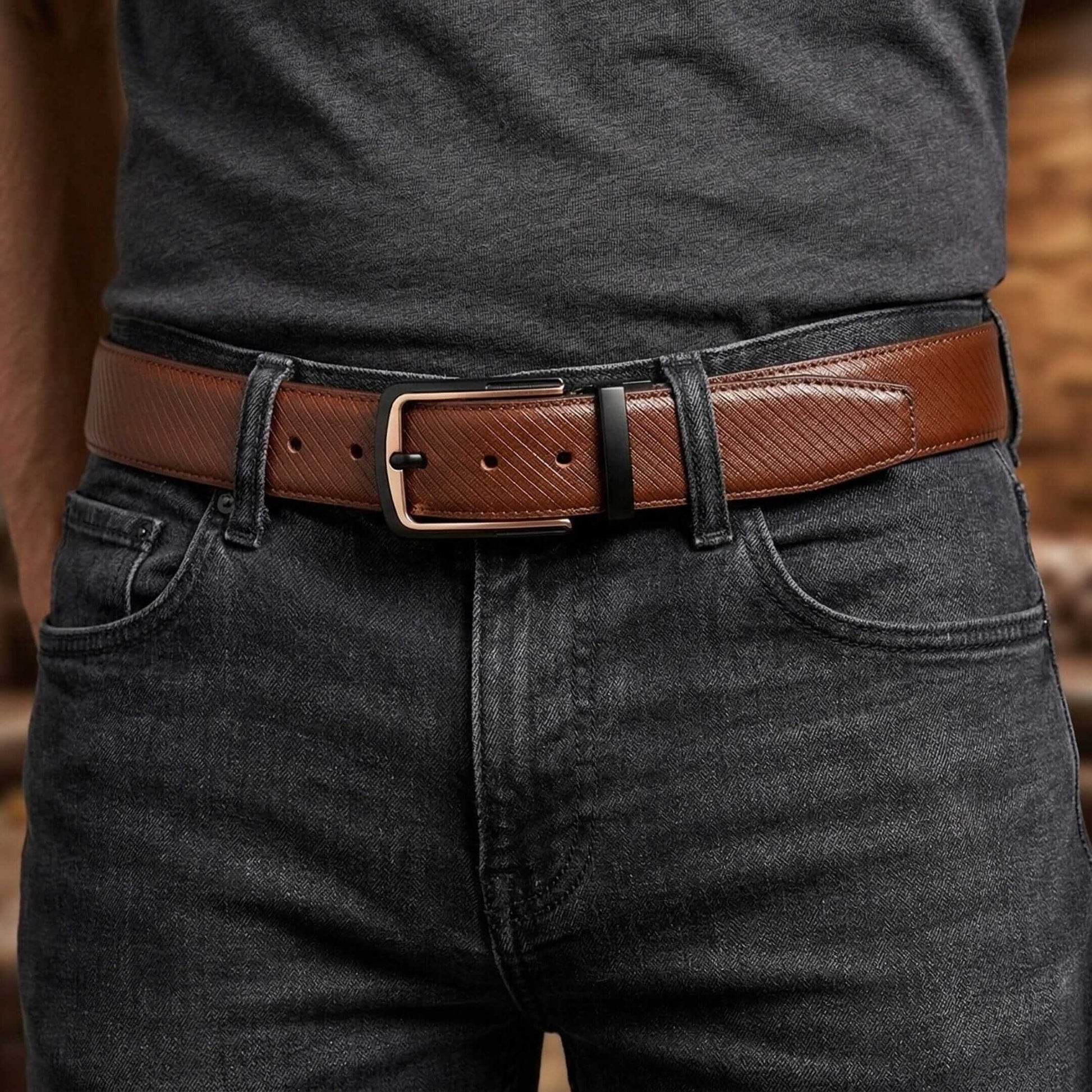 Mens 100% Genuine Leather Belt - NOIRWAVE Diagonal Weave Emboss (Brown & Black Reversible) — Leather Belts for Men | THE MEN THING