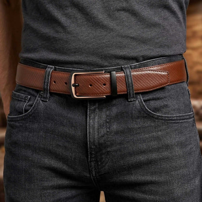 Mens 100% Genuine Leather Belt - NOIRWAVE Diagonal Weave Emboss (Brown & Black Reversible) — Leather Belts for Men | THE MEN THING
