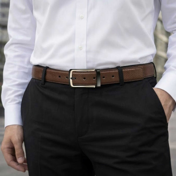 Mens 100% Genuine Leather Belt - NOIRWAVE Diagonal Weave Emboss (Brown & Black Reversible)