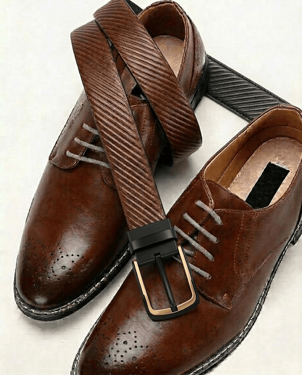 Mens 100% Genuine Leather Belt - NOIRWAVE Diagonal Weave Emboss (Brown & Black Reversible)