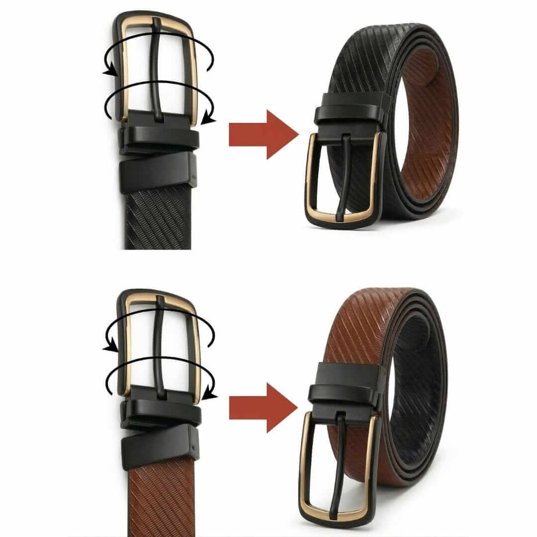 Mens 100% Genuine Leather Belt - NOIRWAVE Diagonal Weave Emboss (Brown & Black Reversible) — Leather Belts for Men | THE MEN THING