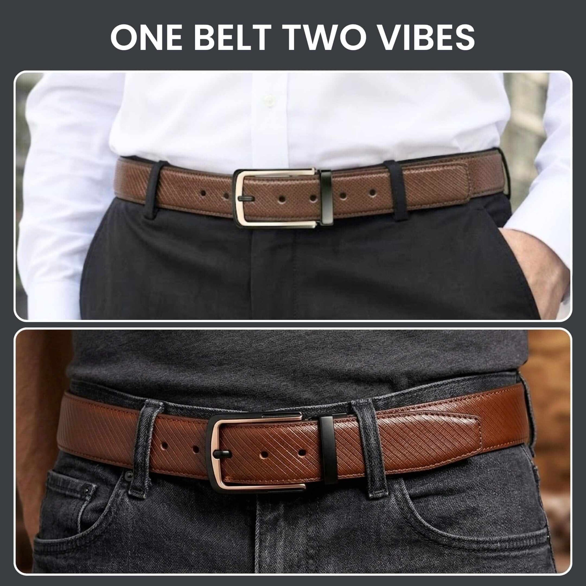 Mens 100% Genuine Leather Belt - NOIRWAVE Diagonal Weave Emboss (Brown & Black Reversible) — Leather Belts for Men | THE MEN THING
