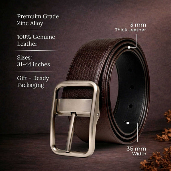 Mens 100% Genuine Leather Belt - NOIRX Woven Grid Emboss (Brown & Black Reversible)