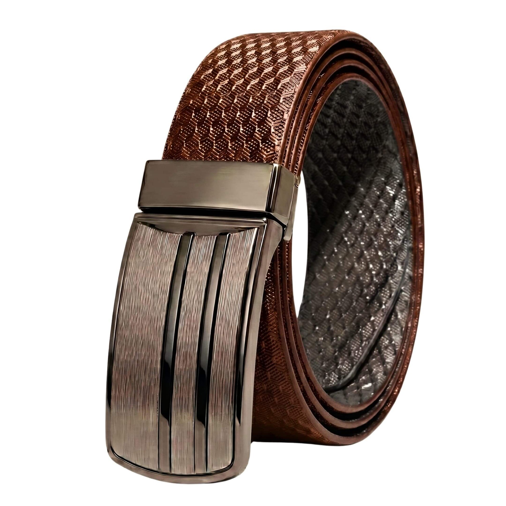 Mens 100% Genuine Leather Belt - NOVARO Woven Emboss Plate (Brown & Black Reversible) — Leather Belts for Men | THE MEN THING