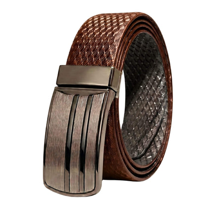 Mens 100% Genuine Leather Belt - NOVARO Woven Emboss Plate (Brown & Black Reversible) — Leather Belts for Men | THE MEN THING