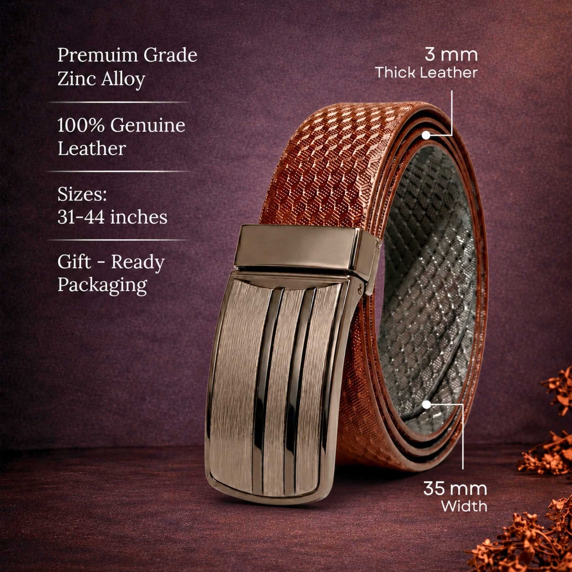 Mens 100% Genuine Leather Belt - NOVARO Woven Emboss Plate (Brown & Black Reversible) — Leather Belts for Men | THE MEN THING