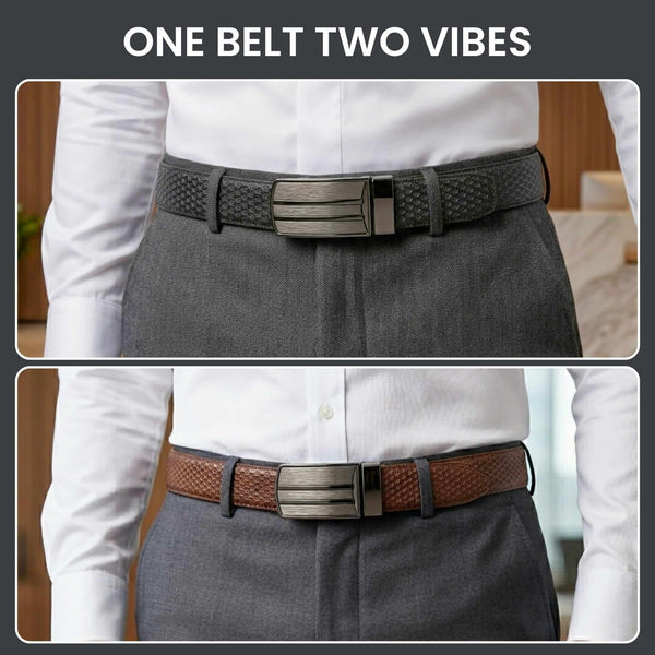 Mens 100% Genuine Leather Belt - NOVARO Woven Emboss Plate (Brown & Black Reversible)