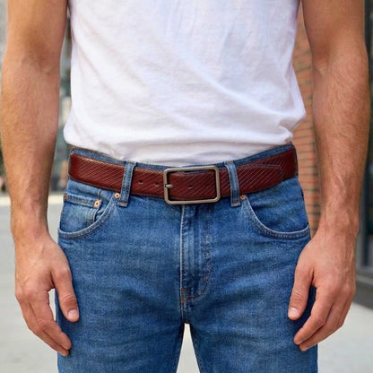 Mens 100% Genuine Leather Belt - ONYX DUO Twill Emboss (Brown & Black Reversible) — Leather Belts for Men | THE MEN THING