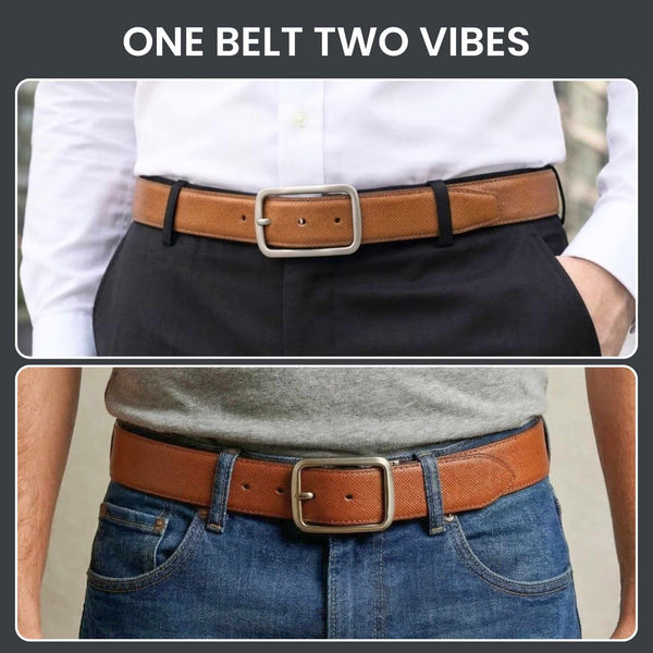 Mens 100% Genuine Leather Belt - ONYX IGNITE Twill Tan Core (Brown & Black Reversible)