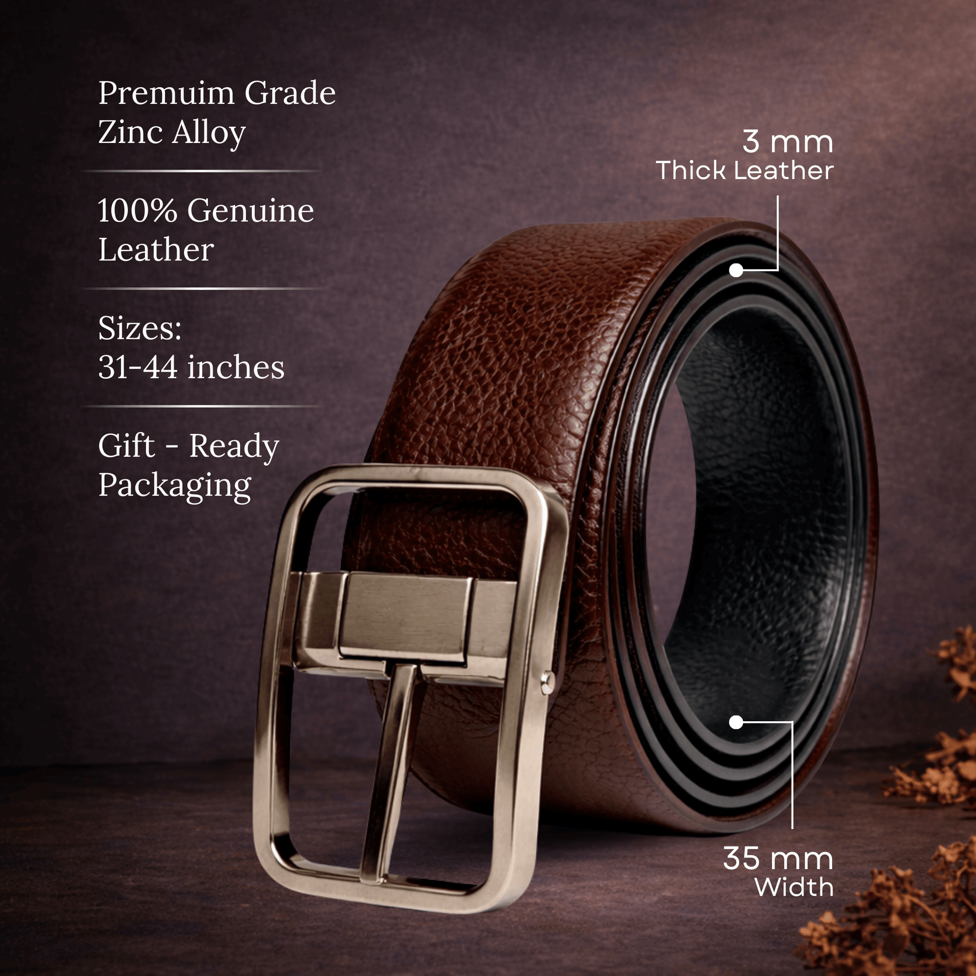 Mens 100% Genuine Leather Belt - ONYX PEBBLE Pebble Grain (Brown & Black Reversible) — Leather Belts for Men | THE MEN THING