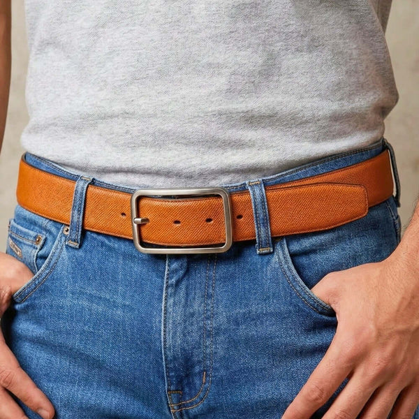 Mens 100% Genuine Leather Belt - ONYXCORE Fine Grain Tan Core (Brown & Black Reversible)