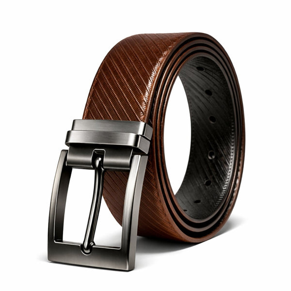 Mens 100% Genuine Leather Belt - ORVANO Diagonal Rib Emboss (Brown & Black Reversible)