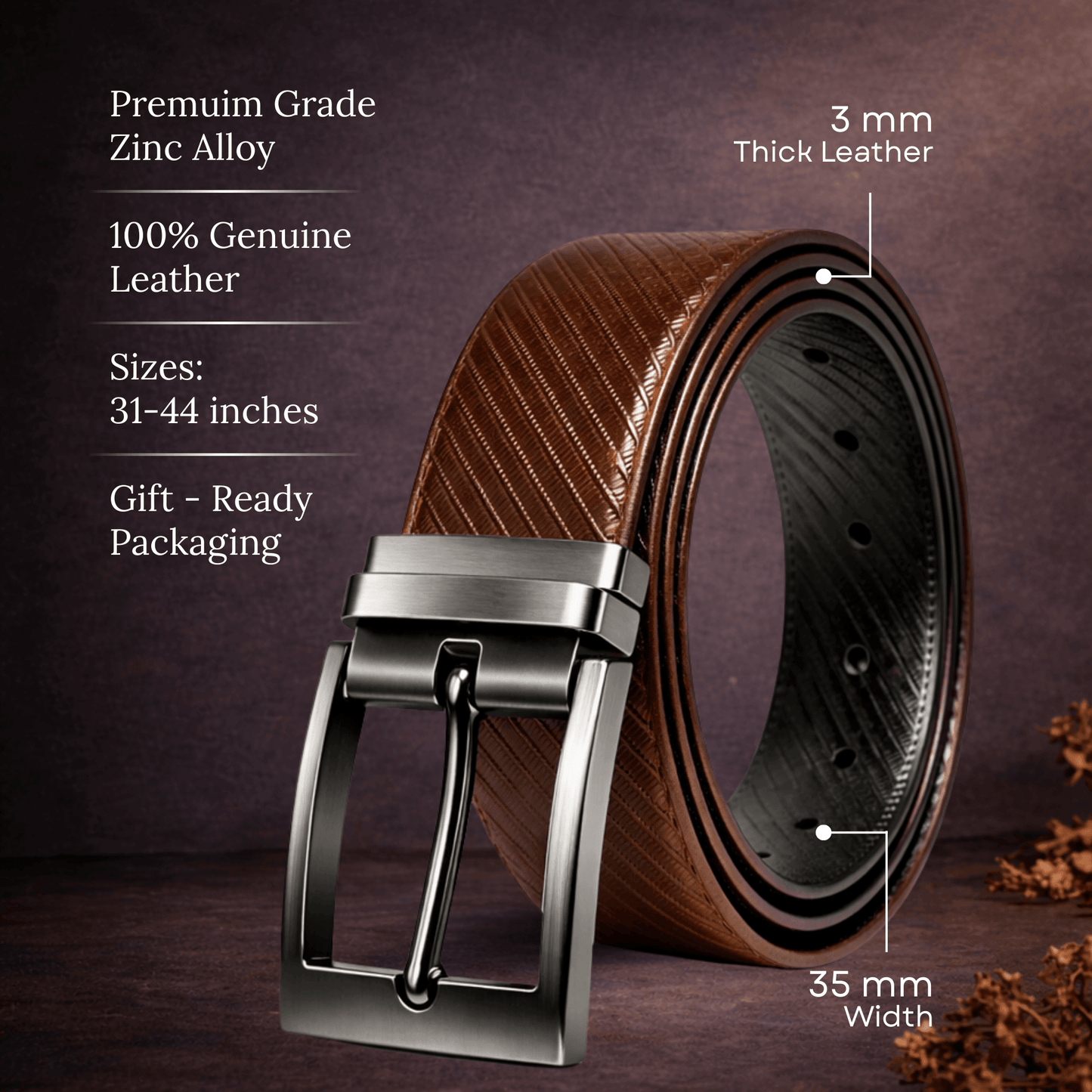Mens Genuine Leather Belt | 2 in 1 Reversible (Brown & Black) (1 Pc.) - ORVANO - THE MEN THING