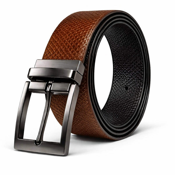 Mens 100% Genuine Leather Belt - ORVEX Diamond Emboss (Brown & Black Reversible)