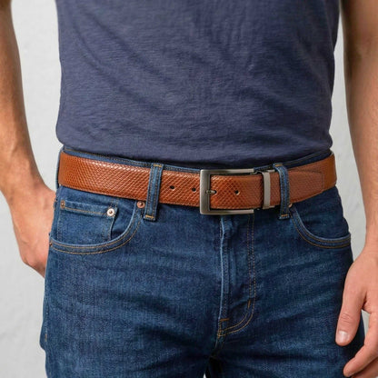Mens 100% Genuine Leather Belt - ORVEX Diamond Emboss (Brown & Black Reversible) — Leather Belts for Men | THE MEN THING