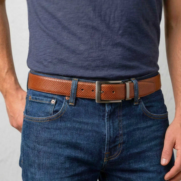 Mens 100% Genuine Leather Belt - ORVEX Diamond Emboss (Brown & Black Reversible)