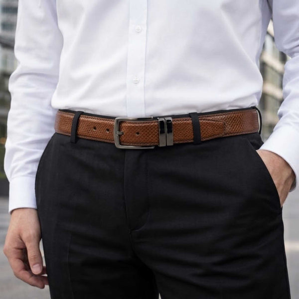 Mens 100% Genuine Leather Belt - ORVEX Diamond Emboss (Brown & Black Reversible)