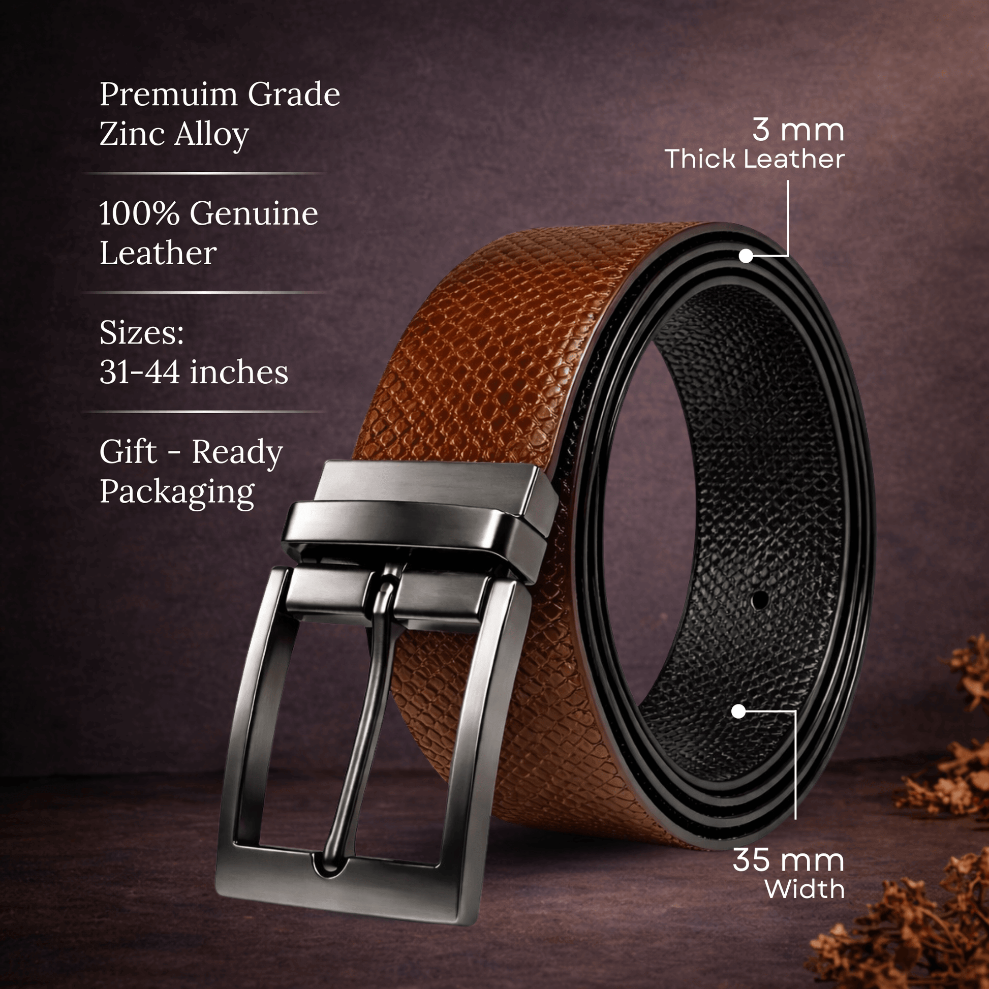 Mens 100% Genuine Leather Belt - ORVEX Diamond Emboss (Brown & Black Reversible) — Leather Belts for Men | THE MEN THING