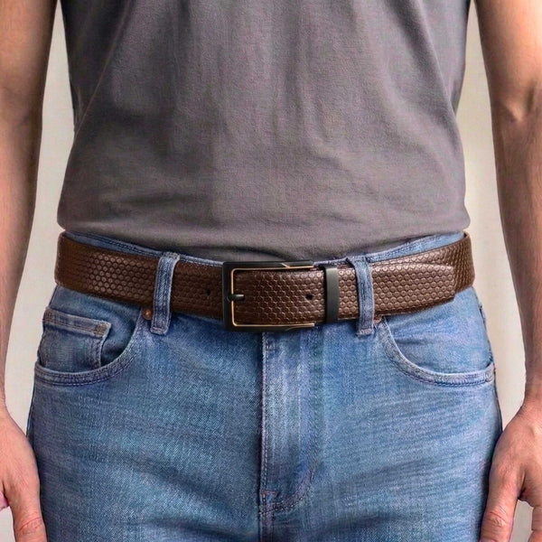 Mens 100% Genuine Leather Belt - ORVEXA Scale Emboss (Brown & Black Reversible)