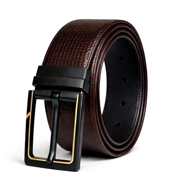 Mens 100% Genuine Leather Belt - ORVEXO Grid Emboss (Brown & Black Reversible)