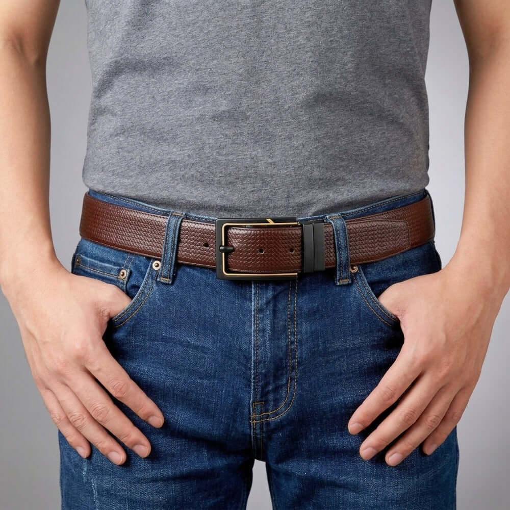 Mens 100% Genuine Leather Belt - ORVEXO Grid Emboss (Brown & Black Reversible) — Leather Belts for Men | THE MEN THING