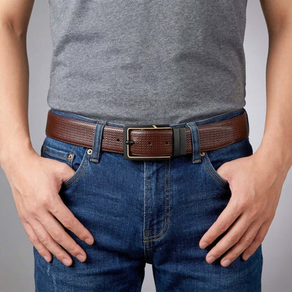 Mens 100% Genuine Leather Belt - ORVEXO Grid Emboss (Brown & Black Reversible) — Leather Belts for Men | THE MEN THING