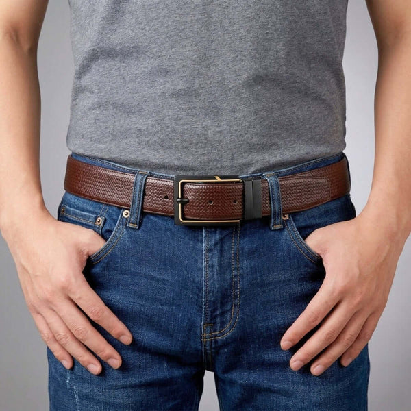 Mens 100% Genuine Leather Belt - ORVEXO Grid Emboss (Brown & Black Reversible)