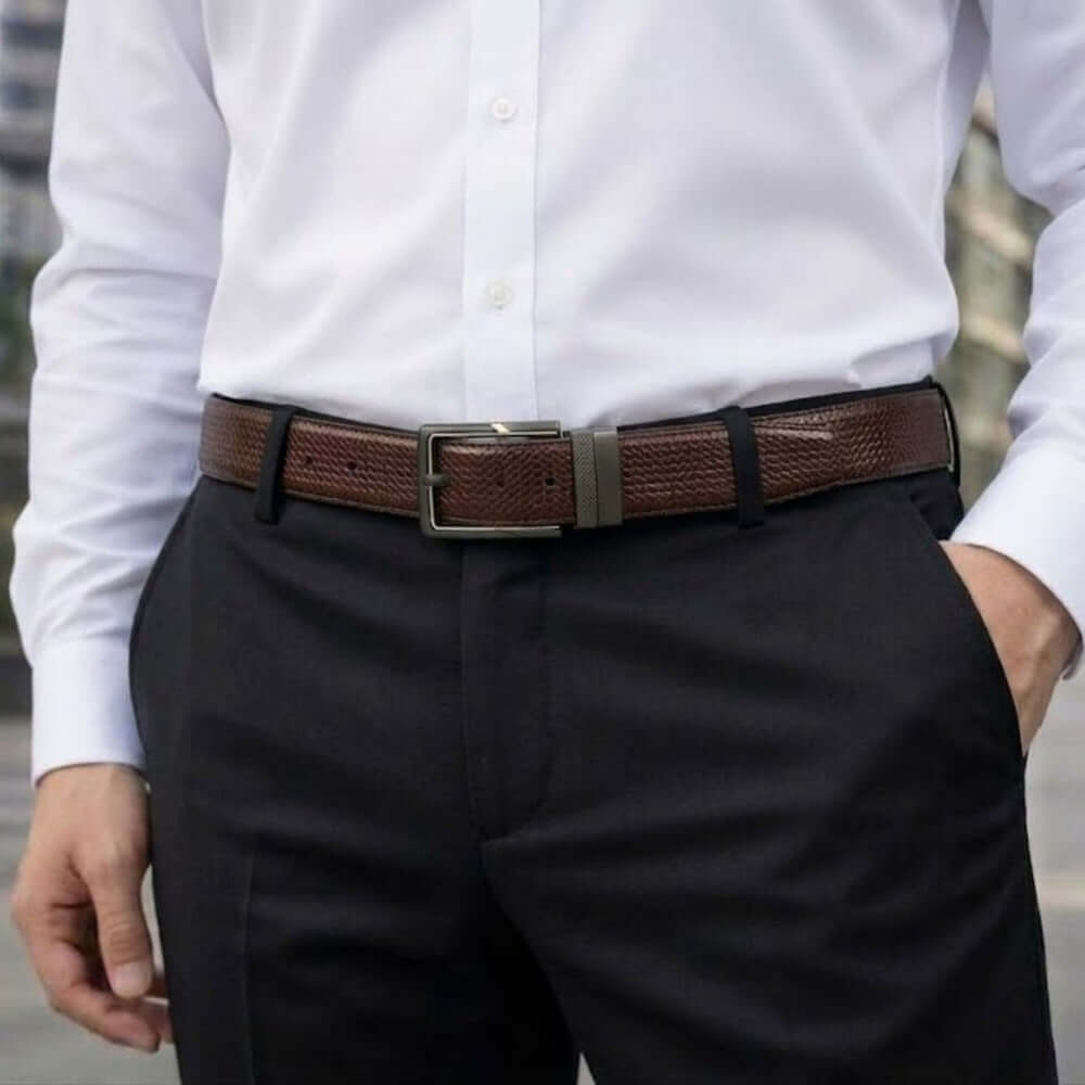 Mens 100% Genuine Leather Belt - ORVEXO Grid Emboss (Brown & Black Reversible) — Leather Belts for Men | THE MEN THING