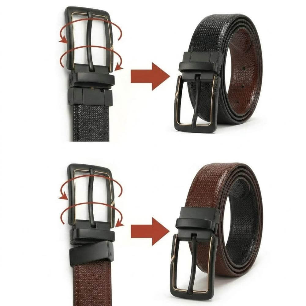 Mens 100% Genuine Leather Belt - ORVEXO Grid Emboss (Brown & Black Reversible) — Leather Belts for Men | THE MEN THING