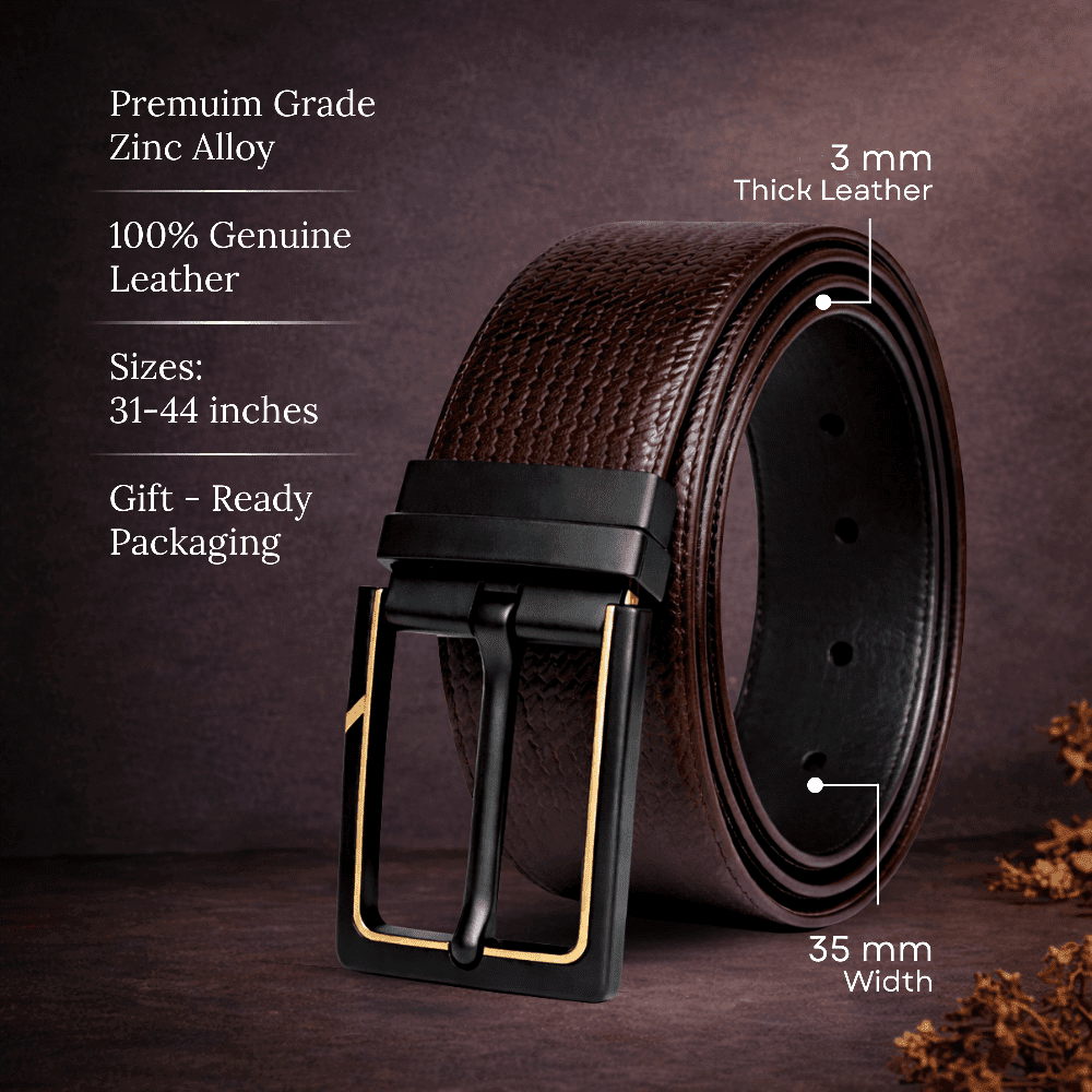 Mens 100% Genuine Leather Belt - ORVEXO Grid Emboss (Brown & Black Reversible) — Leather Belts for Men | THE MEN THING