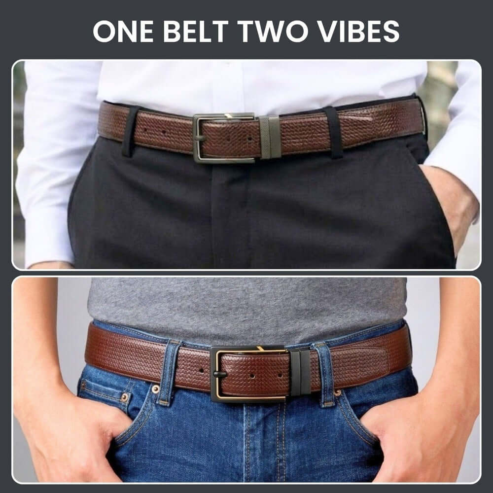 Mens 100% Genuine Leather Belt - ORVEXO Grid Emboss (Brown & Black Reversible) — Leather Belts for Men | THE MEN THING