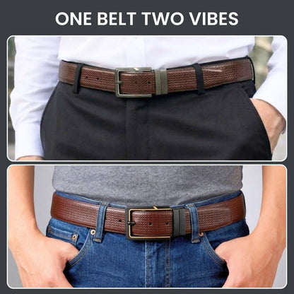 Mens 100% Genuine Leather Belt - ORVEXO Grid Emboss (Brown & Black Reversible) — Leather Belts for Men | THE MEN THING