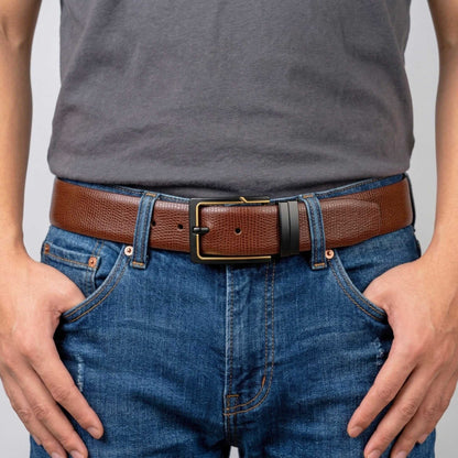Mens 100% Genuine Leather Belt - ORVION Fine Grain Finish (Brown & Black Reversible) — Leather Belts for Men | THE MEN THING