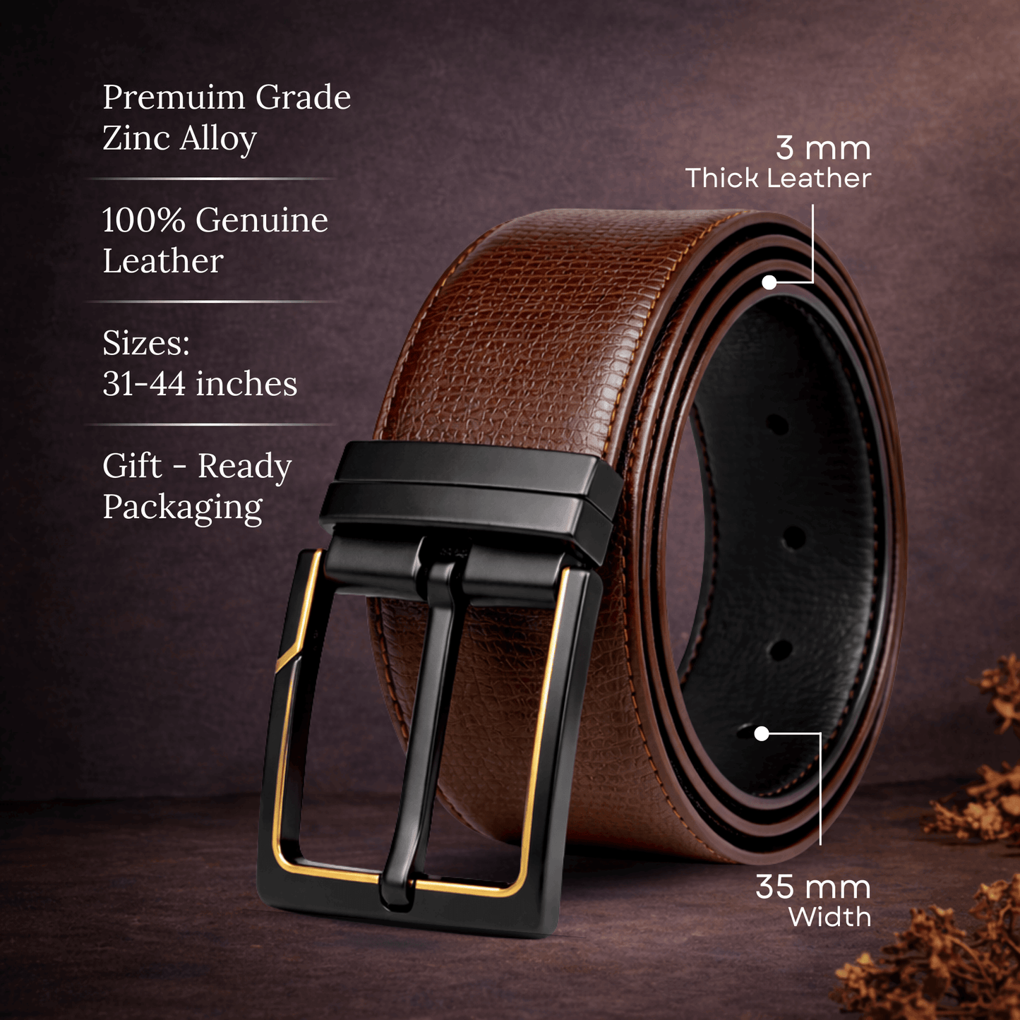 Mens 100% Genuine Leather Belt - ORVION Fine Grain Finish (Brown & Black Reversible) — Leather Belts for Men | THE MEN THING