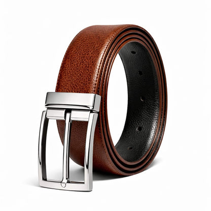 Mens 100% Genuine Leather Belt - PEBBLE GRAIN Chrome Pin Classic (Brown & Black Reversible) — Leather Belts for Men | THE MEN THING
