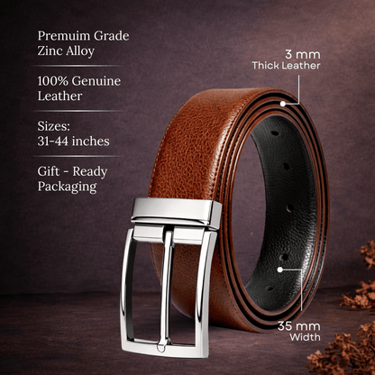 Mens 100% Genuine Leather Belt - PEBBLE GRAIN Chrome Pin Classic (Brown & Black Reversible) — Leather Belts for Men | THE MEN THING