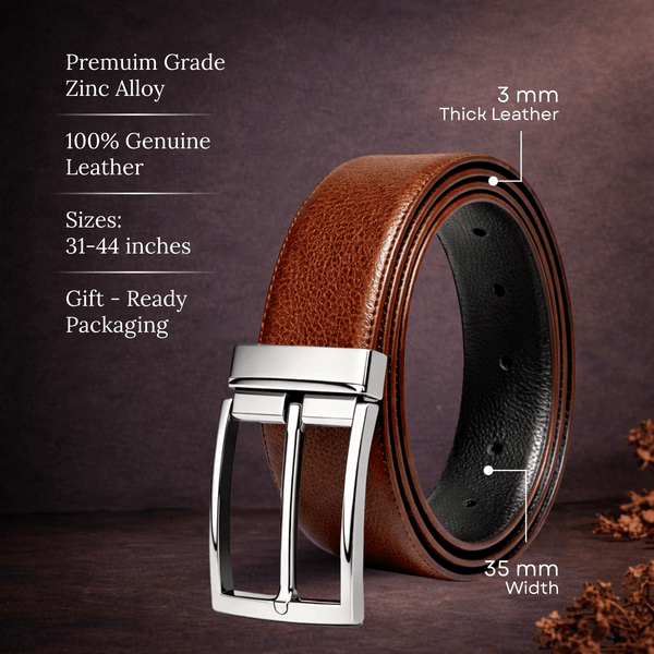 Mens 100% Genuine Leather Belt - PEBBLE GRAIN Chrome Pin Classic (Brown & Black Reversible)