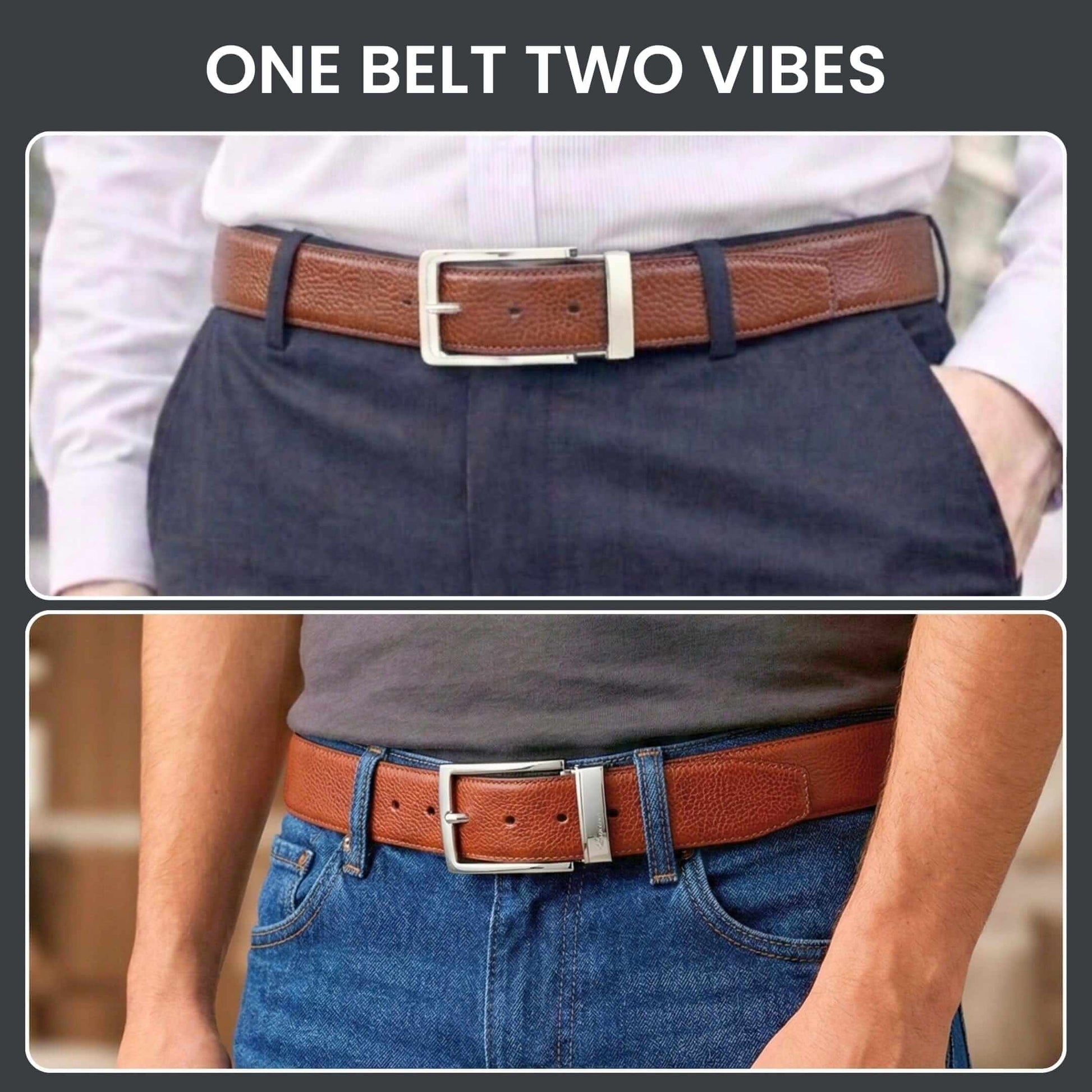 Mens 100% Genuine Leather Belt - PEBBLE GRAIN Chrome Pin Classic (Brown & Black Reversible) — Leather Belts for Men | THE MEN THING
