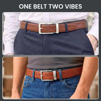 Mens 100% Genuine Leather Belt - PEBBLE GRAIN Chrome Pin Classic (Brown & Black Reversible) — Leather Belts for Men | THE MEN THING