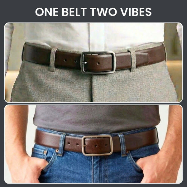 Mens 100% Genuine Leather Belt - PRIMEDUAL Smooth Classic (Brown & Black Reversible)