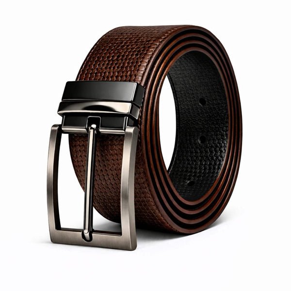 Mens 100% Genuine Leather Belt - RAVENFORCE Lizard Emboss (Brown & Black Reversible)