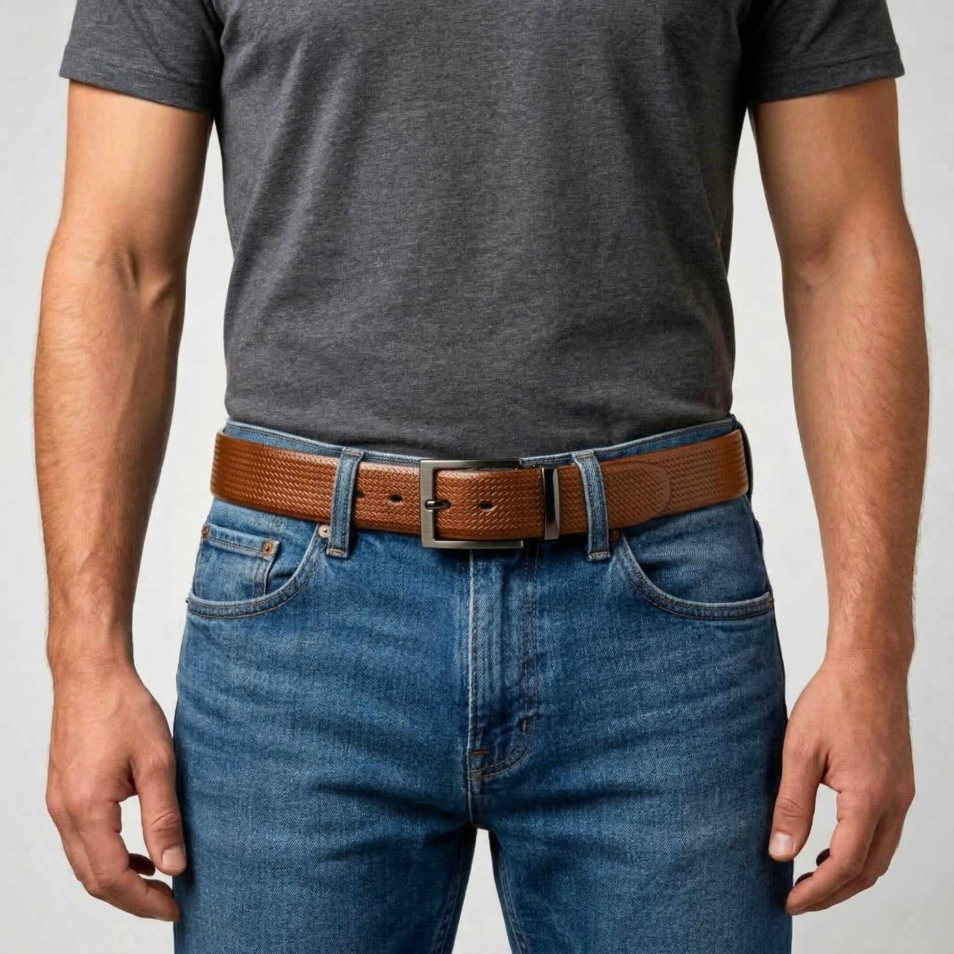 Mens 100% Genuine Leather Belt - RAVENFORCE Lizard Emboss (Brown & Black Reversible) — Leather Belts for Men | THE MEN THING