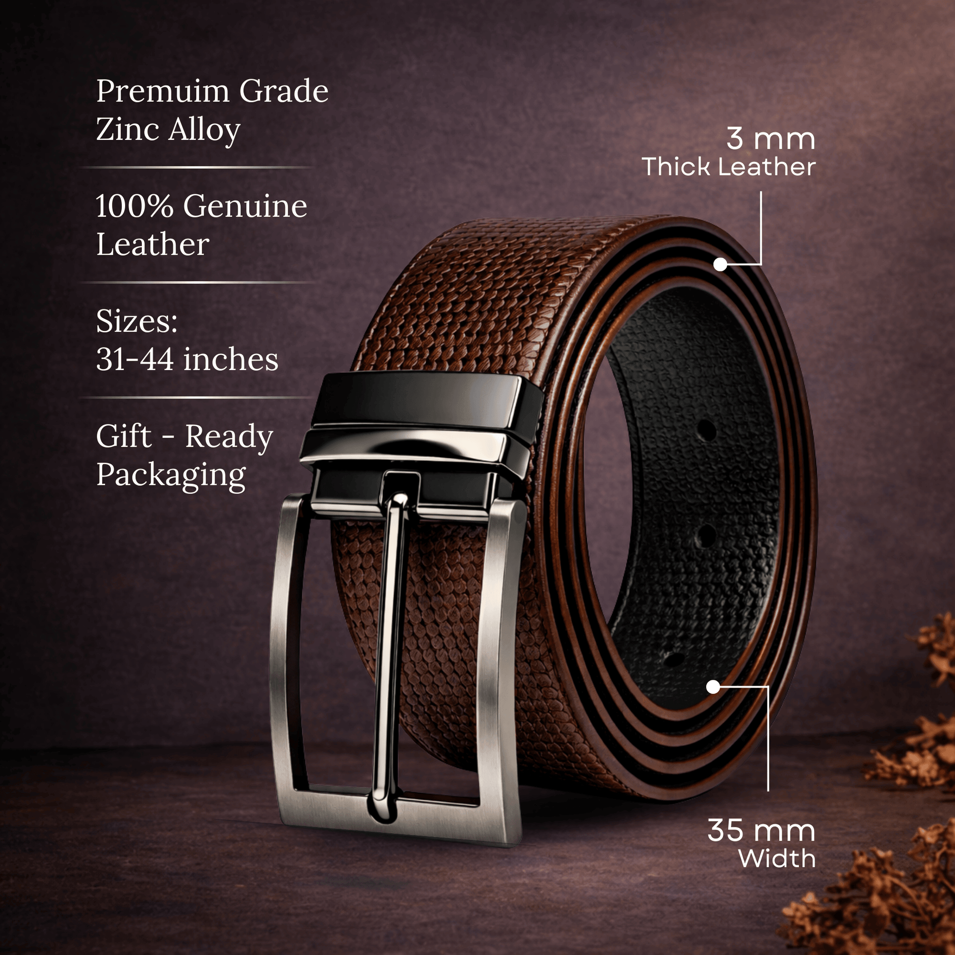 Mens 100% Genuine Leather Belt - RAVENFORCE Lizard Emboss (Brown & Black Reversible) — Leather Belts for Men | THE MEN THING