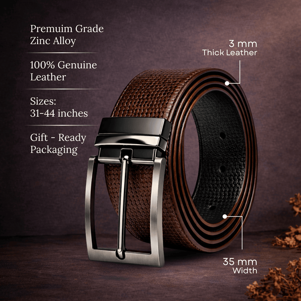 Mens 100% Genuine Leather Belt - RAVENFORCE Lizard Emboss (Brown & Black Reversible)