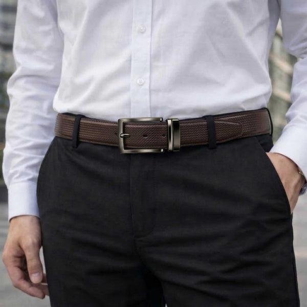 Mens 100% Genuine Leather Belt - RAVENFORCE Lizard Emboss (Brown & Black Reversible)