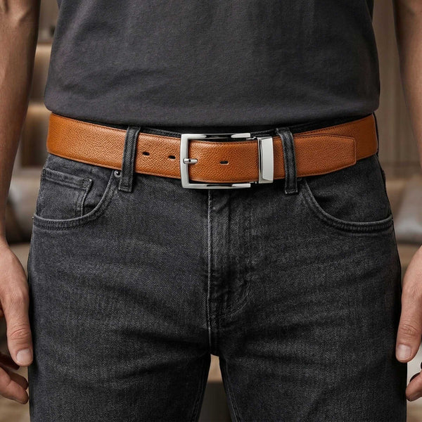 Mens 100% Genuine Leather Belt - REVOLT EDGE Smooth Tan Core (Brown & Black Reversible)