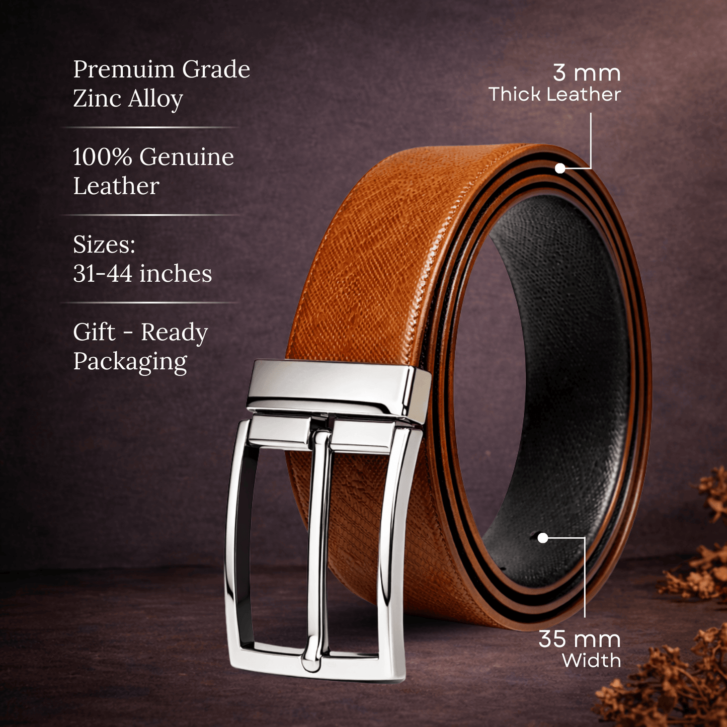 Mens 100% Genuine Leather Belt - REVOLT EDGE Smooth Tan Core (Brown & Black Reversible) — Leather Belts for Men | THE MEN THING