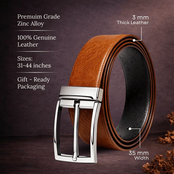 Mens 100% Genuine Leather Belt - REVOLT EDGE Smooth Tan Core (Brown & Black Reversible)
